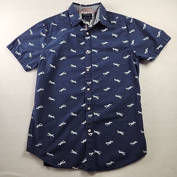 DENIM & FLOWER Ricky Singh Small Blue Casual Button up Collared Shirt Airplane - Picture 1 of 7